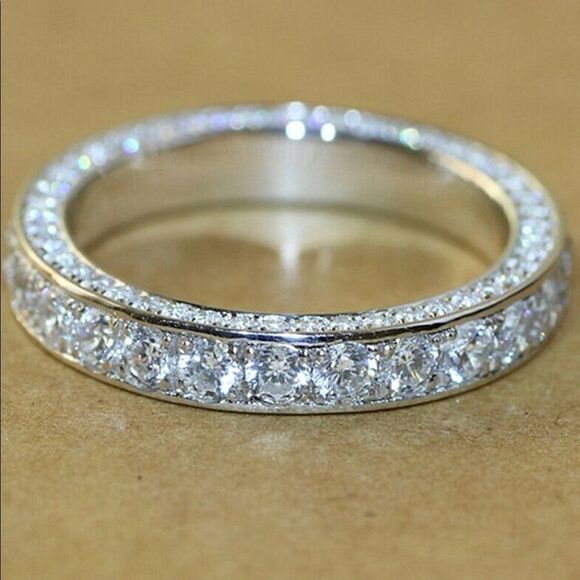 White Gold PLATED CZ Diamond Wedding Band Ring - Picture 3 of 5